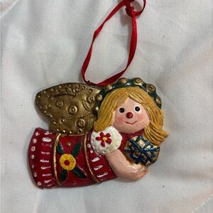 Beautiful 3 & 1/2” Red Angel Wooden Christmas Ornament